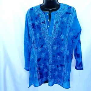 Max Mehra Embrodered Beaded Tunic Blouse, Turquoise, Sz S, 19" Ptp, 29" Long